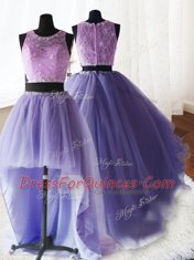 Fancy Three Piece Scoop Sleeveless Brush Train Zipper Quince Ball Gowns Lavender Organza and Tulle and Lace