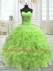 Sleeveless Organza Floor Length Lace Up Quinceanera Gown in Yellow Green with Beading and Ruffles