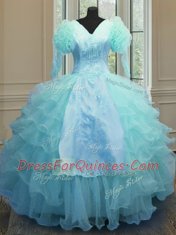 Dramatic V-neck Long Sleeves Ball Gown Prom Dress Floor Length Embroidery and Ruffled Layers Blue Organza