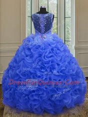 Royal Blue Zipper Straps Beading and Ruffles Quinceanera Dresses Organza Sleeveless