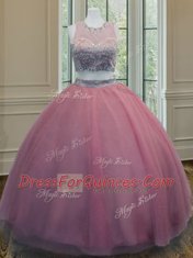 Enchanting Scoop Pink Two Pieces Ruffled Layers and Sashes ribbons Sweet 16 Quinceanera Dress Zipper Tulle Sleeveless Floor Length