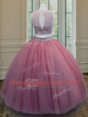 Enchanting Scoop Pink Two Pieces Ruffled Layers and Sashes ribbons Sweet 16 Quinceanera Dress Zipper Tulle Sleeveless Floor Length
