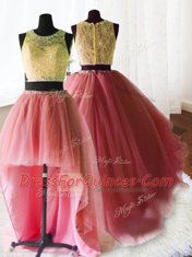 Romantic Three Piece Watermelon Red Zipper Scoop Beading and Lace and Ruffles Vestidos de Quinceanera Organza and Tulle and Lace Sleeveless Brush Train