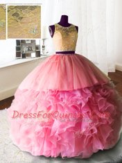 Romantic Three Piece Watermelon Red Zipper Scoop Beading and Lace and Ruffles Vestidos de Quinceanera Organza and Tulle and Lace Sleeveless Brush Train