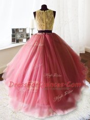 Romantic Three Piece Watermelon Red Zipper Scoop Beading and Lace and Ruffles Vestidos de Quinceanera Organza and Tulle and Lace Sleeveless Brush Train