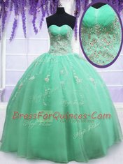 Suitable Apple Green Ball Gowns Sweetheart Sleeveless Organza Floor Length Zipper Beading and Embroidery Quinceanera Gown