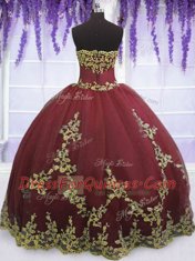 Floor Length Burgundy Quinceanera Dress Tulle Sleeveless Appliques