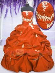 Amazing Pick Ups Ball Gowns Vestidos de Quinceanera Orange Red Strapless Taffeta Sleeveless Floor Length Lace Up