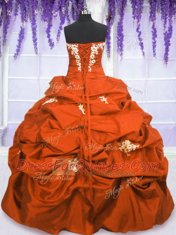 Amazing Pick Ups Ball Gowns Vestidos de Quinceanera Orange Red Strapless Taffeta Sleeveless Floor Length Lace Up