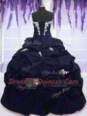 Fashion Strapless Sleeveless 15 Quinceanera Dress Floor Length Appliques and Pick Ups Navy Blue Taffeta