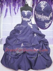 Lavender Ball Gowns Appliques and Pick Ups Ball Gown Prom Dress Lace Up Taffeta Sleeveless Floor Length