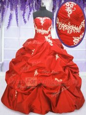 Pick Ups Ball Gowns Sweet 16 Dresses Coral Red Strapless Taffeta Sleeveless Floor Length Lace Up