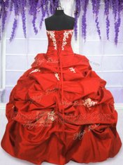 Pick Ups Ball Gowns Sweet 16 Dresses Coral Red Strapless Taffeta Sleeveless Floor Length Lace Up