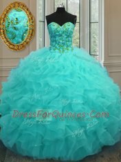 Hot Sale Organza Sweetheart Sleeveless Lace Up Beading and Ruffles 15th Birthday Dress in Aqua Blue