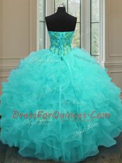 Hot Sale Organza Sweetheart Sleeveless Lace Up Beading and Ruffles 15th Birthday Dress in Aqua Blue