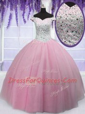 Perfect Off The Shoulder Short Sleeves Vestidos de Quinceanera Floor Length Beading Baby Pink Tulle