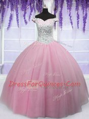 Perfect Off The Shoulder Short Sleeves Vestidos de Quinceanera Floor Length Beading Baby Pink Tulle