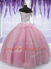 Perfect Off The Shoulder Short Sleeves Vestidos de Quinceanera Floor Length Beading Baby Pink Tulle