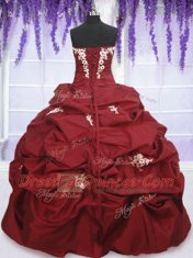 Elegant Wine Red Taffeta Lace Up Strapless Sleeveless Floor Length 15th Birthday Dress Appliques and Pick Ups