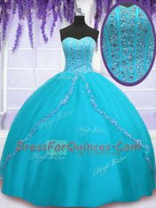 Aqua Blue Sweetheart Backless Beading and Sequins Quince Ball Gowns Sleeveless