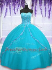 Aqua Blue Sweetheart Backless Beading and Sequins Quince Ball Gowns Sleeveless