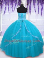 Aqua Blue Sweetheart Backless Beading and Sequins Quince Ball Gowns Sleeveless