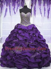 Excellent Eggplant Purple Ball Gowns Beading and Sequins and Pick Ups Ball Gown Prom Dress Lace Up Taffeta Sleeveless Floor Length