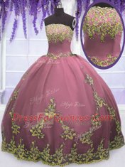 Exquisite Lilac Tulle Zipper Strapless Sleeveless Floor Length Sweet 16 Dress Appliques