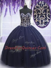 Designer Navy Blue Sleeveless Tulle Lace Up Quinceanera Dresses for Military Ball and Sweet 16 and Quinceanera