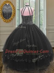 Most Popular Black High-neck Neckline Beading and Appliques Sweet 16 Dress Sleeveless Lace Up
