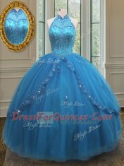 Vintage High-neck Sleeveless Lace Up Quinceanera Gown Blue Tulle