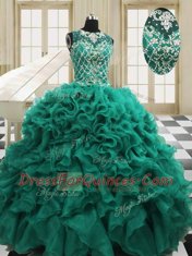 Attractive Ball Gowns Ball Gown Prom Dress Teal Scoop Organza Sleeveless Floor Length Lace Up