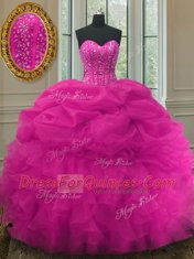 Fuchsia Ball Gowns Organza Sweetheart Sleeveless Beading and Ruffles and Pick Ups Floor Length Lace Up Quinceanera Gown
