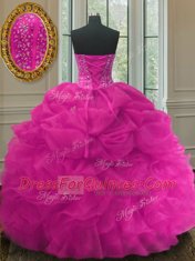 Fuchsia Ball Gowns Organza Sweetheart Sleeveless Beading and Ruffles and Pick Ups Floor Length Lace Up Quinceanera Gown