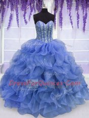 Fabulous Floor Length Blue Quinceanera Dress Organza Sleeveless Beading and Ruffles