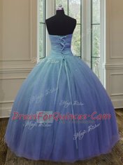 Trendy Tulle and Sequined Sweetheart Sleeveless Lace Up Beading and Ruching Sweet 16 Dresses in Blue