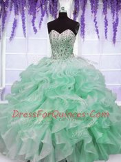 Pretty Apple Green Organza Lace Up Sweetheart Sleeveless Floor Length 15 Quinceanera Dress Beading and Ruffles