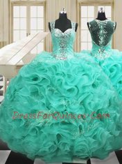 Sumptuous Straps Sleeveless Quinceanera Dress Floor Length Beading and Ruffles Apple Green Organza