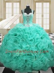 Sumptuous Straps Sleeveless Quinceanera Dress Floor Length Beading and Ruffles Apple Green Organza