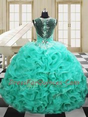 Sumptuous Straps Sleeveless Quinceanera Dress Floor Length Beading and Ruffles Apple Green Organza