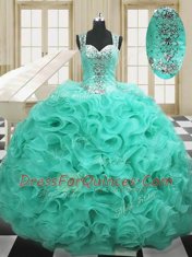 Sumptuous Straps Sleeveless Quinceanera Dress Floor Length Beading and Ruffles Apple Green Organza