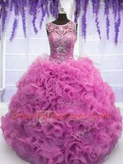 Wonderful Lilac Scoop Lace Up Beading and Ruffles Sweet 16 Dress Sleeveless