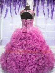 Wonderful Lilac Scoop Lace Up Beading and Ruffles Sweet 16 Dress Sleeveless