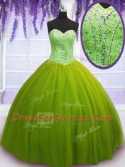 Sleeveless Tulle Floor Length Lace Up Sweet 16 Quinceanera Dress in Olive Green with Beading