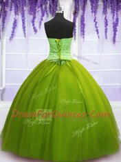 Sleeveless Tulle Floor Length Lace Up Sweet 16 Quinceanera Dress in Olive Green with Beading