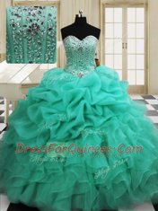 Apple Green Organza Lace Up 15 Quinceanera Dress Sleeveless Floor Length Beading and Pick Ups