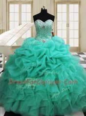 Apple Green Organza Lace Up 15 Quinceanera Dress Sleeveless Floor Length Beading and Pick Ups