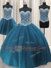 Three Piece Teal Ball Gowns Tulle Sweetheart Sleeveless Beading and Ruffles Floor Length Lace Up Sweet 16 Quinceanera Dress