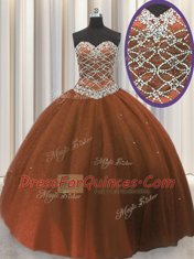Glittering Sequins Brown Sleeveless Tulle Lace Up 15 Quinceanera Dress for Military Ball and Sweet 16 and Quinceanera
