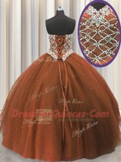 Glittering Sequins Brown Sleeveless Tulle Lace Up 15 Quinceanera Dress for Military Ball and Sweet 16 and Quinceanera